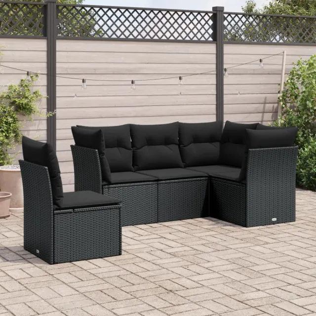 vidaXL 5-delige Loungeset met kussens poly rattan zwart, foto 2