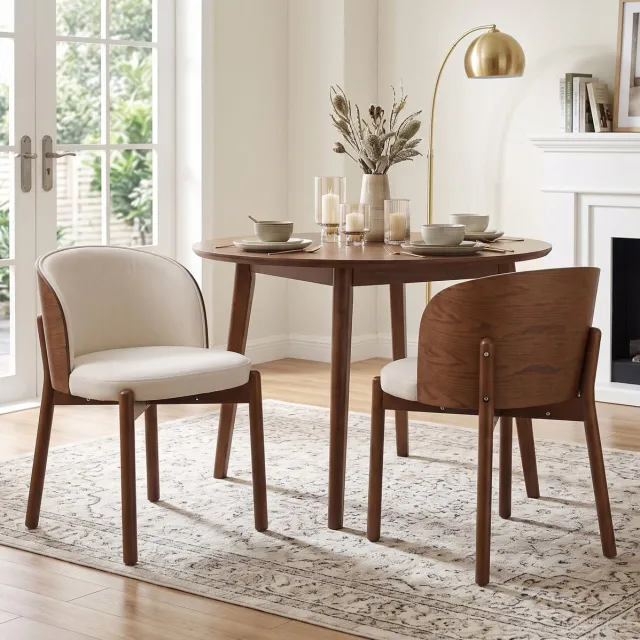 OKWISH Eetkamerstoel Set Van 2 - Kuipstoel Met Armleuningen En Gewatteerde Zitting - Hout - Walnoot Walnut