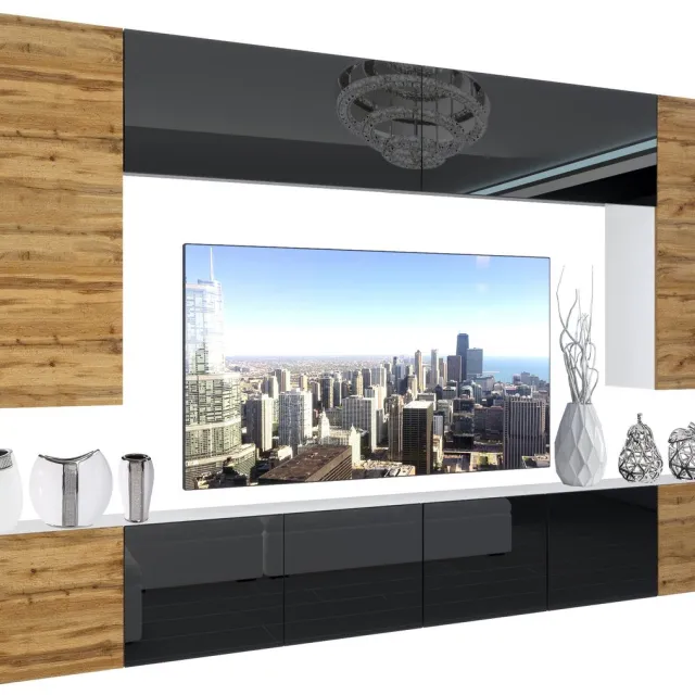 B BELINI GROUP BELINI Wandmeubel NEX 2 - TV-Wandkast Set met LED-Verlichting Wotan Eiken / Zwart - Hoogglans Fronten