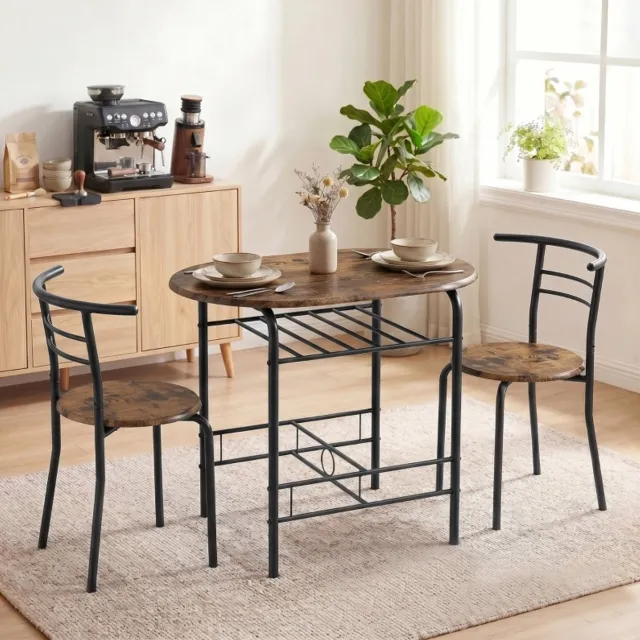 REDOM Tafel en stoelen set - 3-delig voor 2 personen - Opbergplank onder tafel - Armloze stoelen - Industriële stijl - MDF en metaal - Rustiek bruin - 80 x 52 x 76 cm