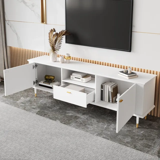 MEUNIQ TV-meubel 170 x 36 x 54 cm met 2 deuren, open vak, lade, kabelopeningen en soft-close scharnieren voor woonkamer, wit met gouden accenten