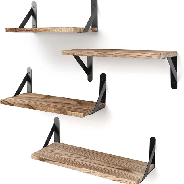 OKWISH Boekenplanken - Wandplank Set van 4 met Wandrek Hout en Wandplank Opbergruimte - Houten Wandplank met Stalen Beugels - Hout - Bruin