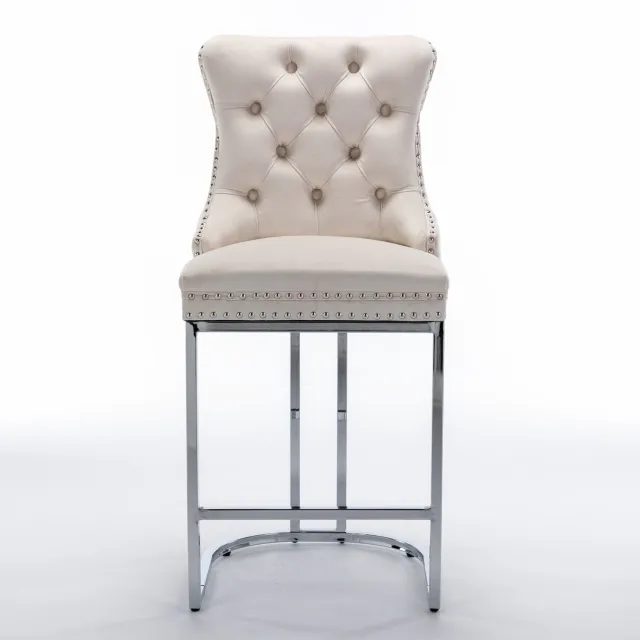 SONNENH Barkrukken set van 2 - Velvet bekleding en verchroomd C-frame - Zithoogte circa 64 cm - Beige