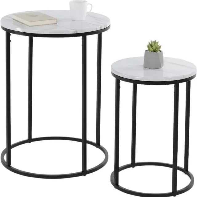 Lomera Bijzettafels Set van 2 - Marmerlook Wit - Metalen Frame - MDF Tafelblad - Ronde Bijzettafels - Woonkamer Tafel - Wit Marmer Finish - Moderne Bijzettafels - Stijlvolle Tafels - Compacte Bijzettafels - Trendy Design nvt