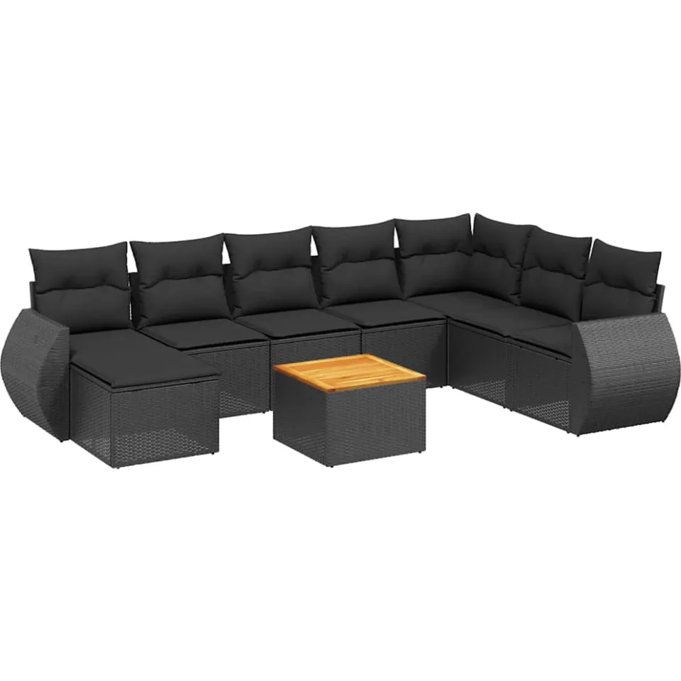 vidaXL 9-delige Loungeset met kussens poly rattan zwart, foto 3