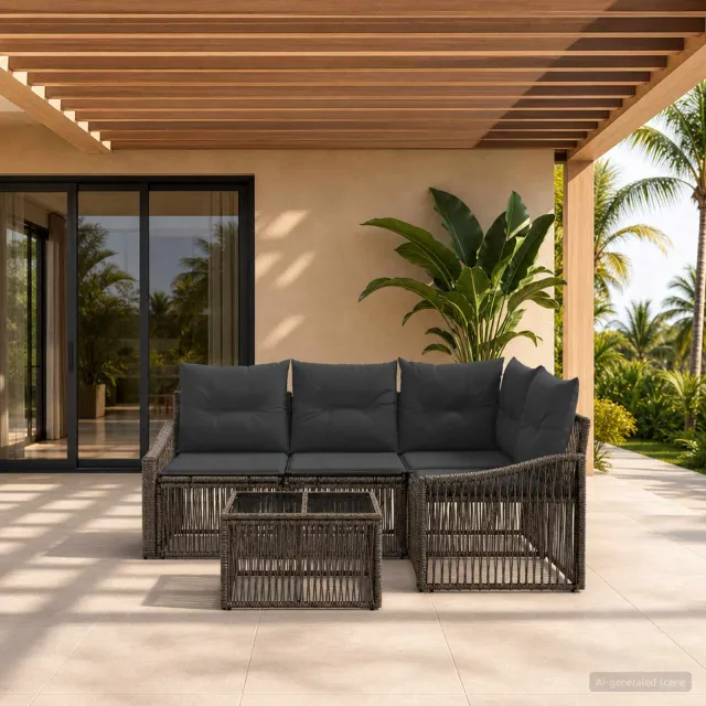 vidaXL Tuinbankenset 5 st 4-zits Grijs poly rattan, foto 2