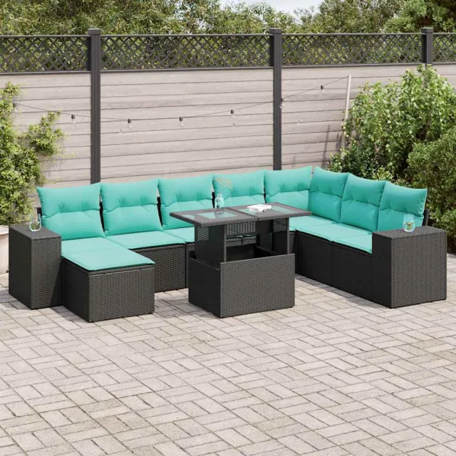 vidaXL 9-delige Loungeset met kussens poly rattan acacia zwart Bruin