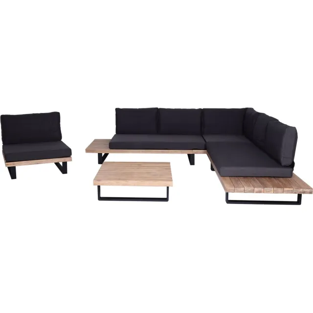 MCW Tuinset met fauteuil MCW-H54, loungeset met bank, Spun Poly-acaciahout, MVG-aluminium ~ lichtbruin, bekleding donkergrijs