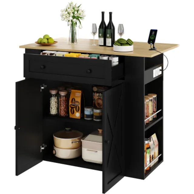 Rolipo Keukeneiland Met Uitklapbaar Werkblad-Koffiebar Met Stopcontacten En USB-2 Deuren En 1 Lade-120 x 75 x 97 cm-Keuken En Woonkamer-Zwart Black