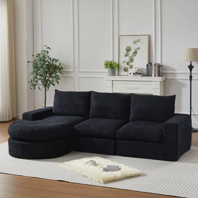 MIVRAY Hoekbank 250 x 160 cm - Modulaire 3 Zits Met Omkeerbare Chaise Longue En Dubbel Kussen - Voor Woonkamer - Chenille Zwart