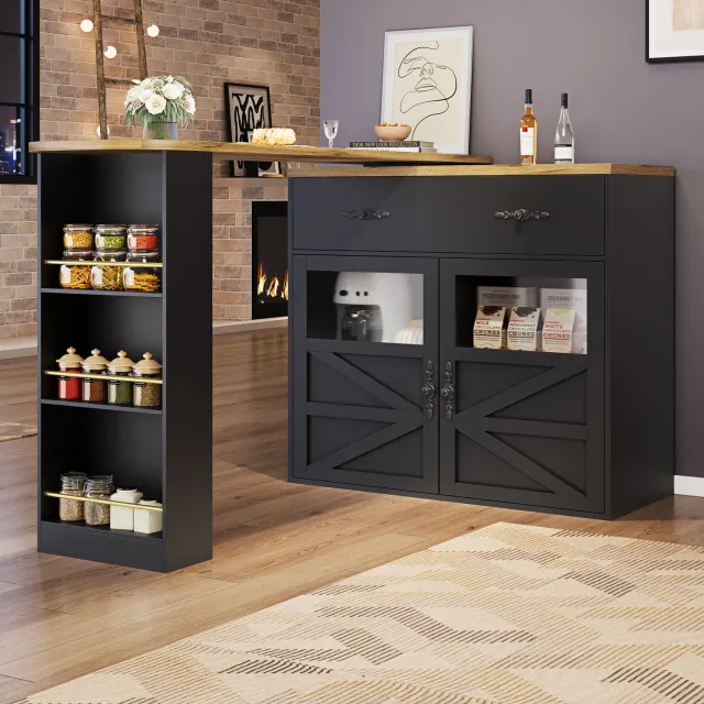 Maisentiel Uitschuifbare bartafel met opbergruimte – 360° draaibaar – 138-204 x 39 x 104 cm – zwart