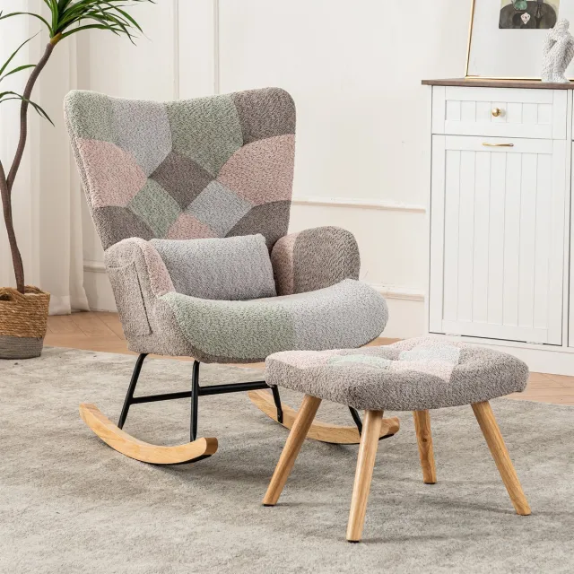 Zubaliya Comfortabele Kleurrijke Schommelstoel, 93 cm Hoog, Zitbreedte 43 cm - inclusief 1 voetsteun (49*38*37 cm) en 1 Lendenkussen, Stevig Rubberhouten Frame, Veelkleurig Design, Loungestoel