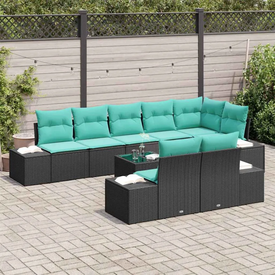 vidaXL Tuinbankenset met opslag Zwart en Turquoise Poly riet, foto 3