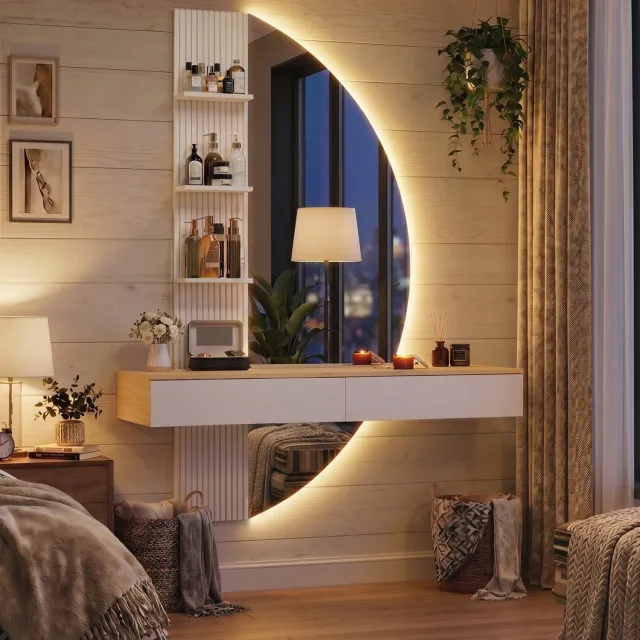 Devoko Zwevende Kaptafel met Spiegel en LED-verlichting – 3 Lichtkleuren – 2 Laden en 3 Open Opbergvakken – 106 × 40 × 143 cm – Wit