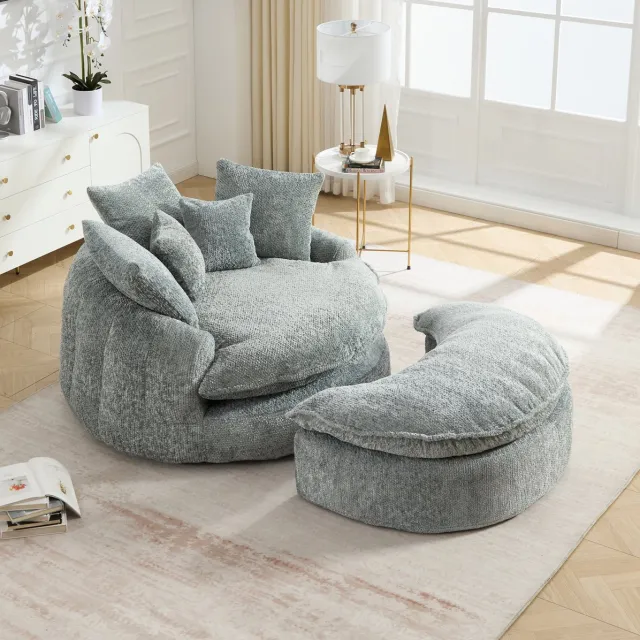 FloraGrace Fauteuil 190,5 x 138 x 63 cm - Handmatig Verstelbaar Met Hocker En Kussens - Voor Woonkamer En Lounge - Polyester - Blauwgrijs