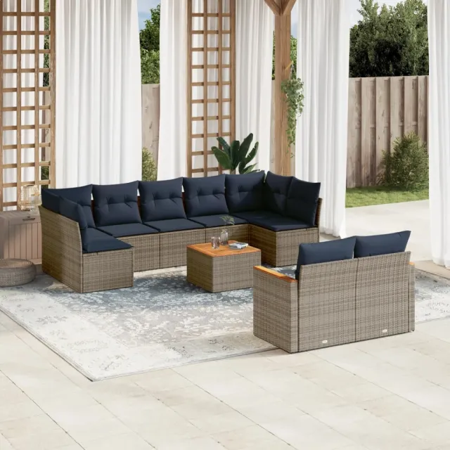 vidaXL 10-delige tuinbankset met kussens, grijs polyrotan, foto 2