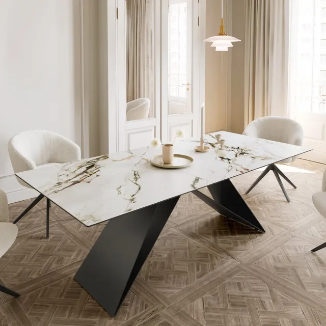 DELIFE Eetkamertafel Edge keramiek Calacatta Luxe wit-goud-grijs 180-220x100 V-frame vlak staal zwart uitschuifbaar Weiß-Gold-Grau