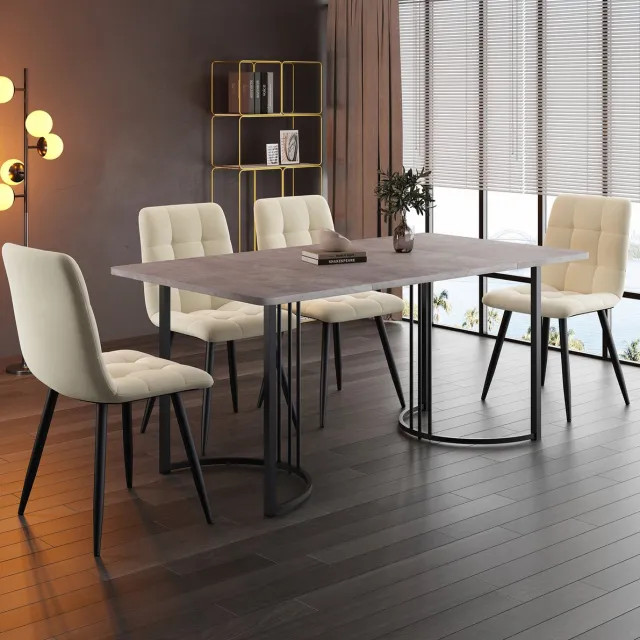 Wishdor Set tafel en stoelen - 1 tafel 4 stoelen - Modern - Grijs beige zwart - MDF metalen poten - Woonkamer keuken eetkamer - 140 x 80 x 75 cm
