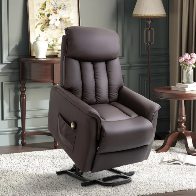OKWISH Relaxfauteuil 80 x 94 x 104 cm - Elektrische Sta-op Hulp En Ligfunctie Met Afstandsbediening - Voor Woonkamer - Kunstleer - Bruin