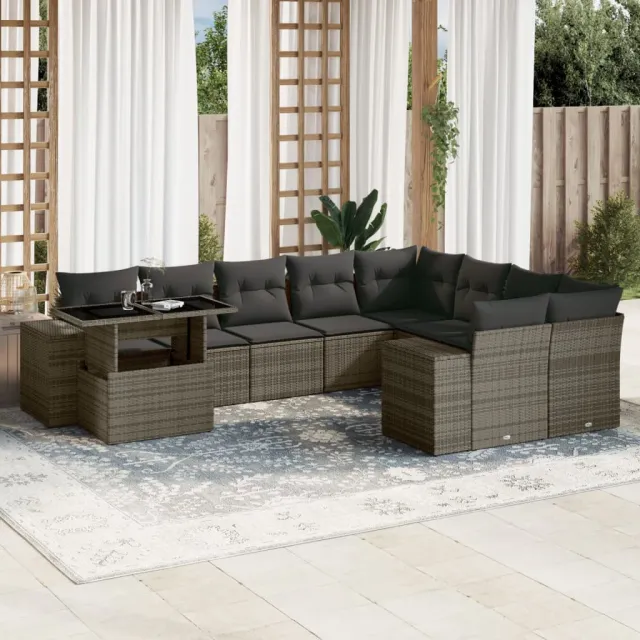 vidaXL 10-delige Loungeset met kussens poly rattan grijs, foto 2