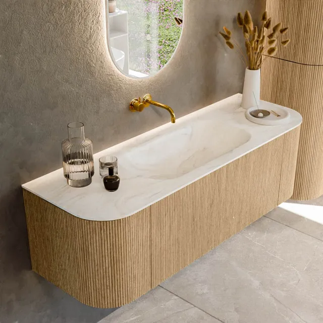 Mondiaz KURVE-DLUX 140 cm Onderkast Greeploos 1 Lade Met Deuren Oak, Wastafel Solid Surface Midden Ostra 0 Kraangaten Zonder Spiegel (KRVBGS140L+R1L2D0KM-Oak/Ost)