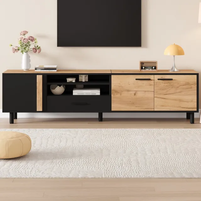Zubaliya tv meubel Zwart-Natuur 180x32,5x50 cm - 3 deuren en 1 lade - Geschikt voor 80 inch TV - Halftransparant middenvak - 5 steunpoten - Draagvermogen 40 kg - Smal en ruimtebesparend ontwerp Zwart,Wood