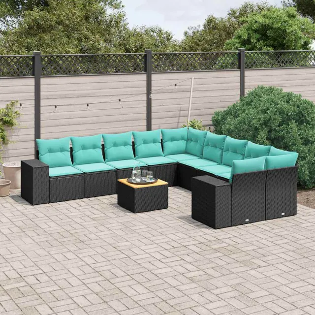 vidaXL 11-delige tuinbankset met kussens, zwart polyrotan, foto 2