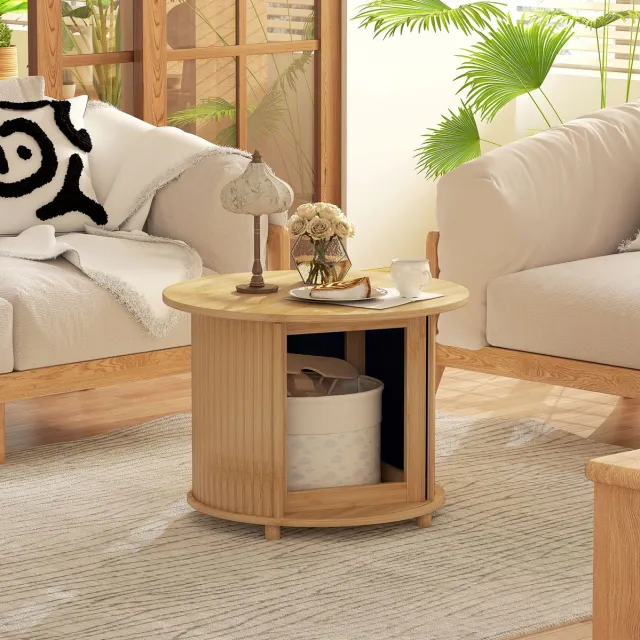 MIVRAY Salontafel - Ronde Bamboetafel Met Verborgen Opbergruimte En Schuifdeur - Modern Voor De Woonkamer - Naturel - 60 x 60 x 45 cm Natuurlijk hout