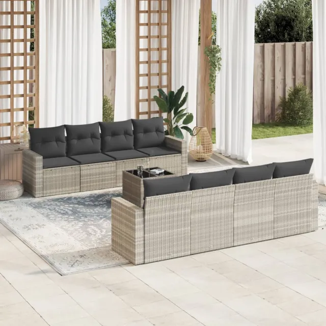 vidaXL 9-delige Loungeset met kussens poly rattan lichtgrijs grijs, foto 2