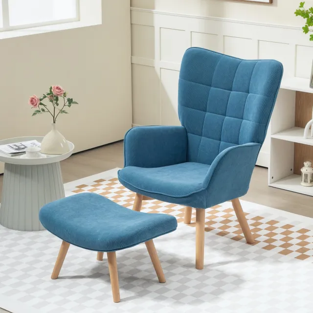 HAUSS SPOLE Fauteuil met Hocker - Oorfauteuil met Hoge Rugleuning en Armleuningen - Voor Woonkamer en Leeshoek - Ribstof en Beukenhout - Blauw