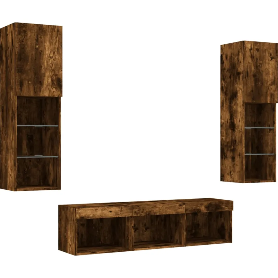 vidaXL 5-delige tv-wandmeubelset met LED bewerkt hout gerookt eiken Bruin