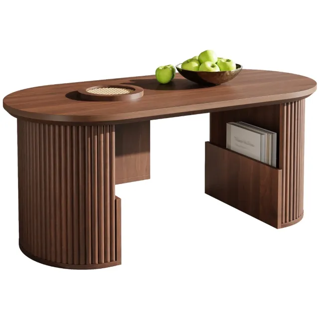 Ropilly Ovale Salontafel Walnoot - Met Opbergruimte & Open Vakken - Retro MDF Design - Woonkamer - 105x50 cm