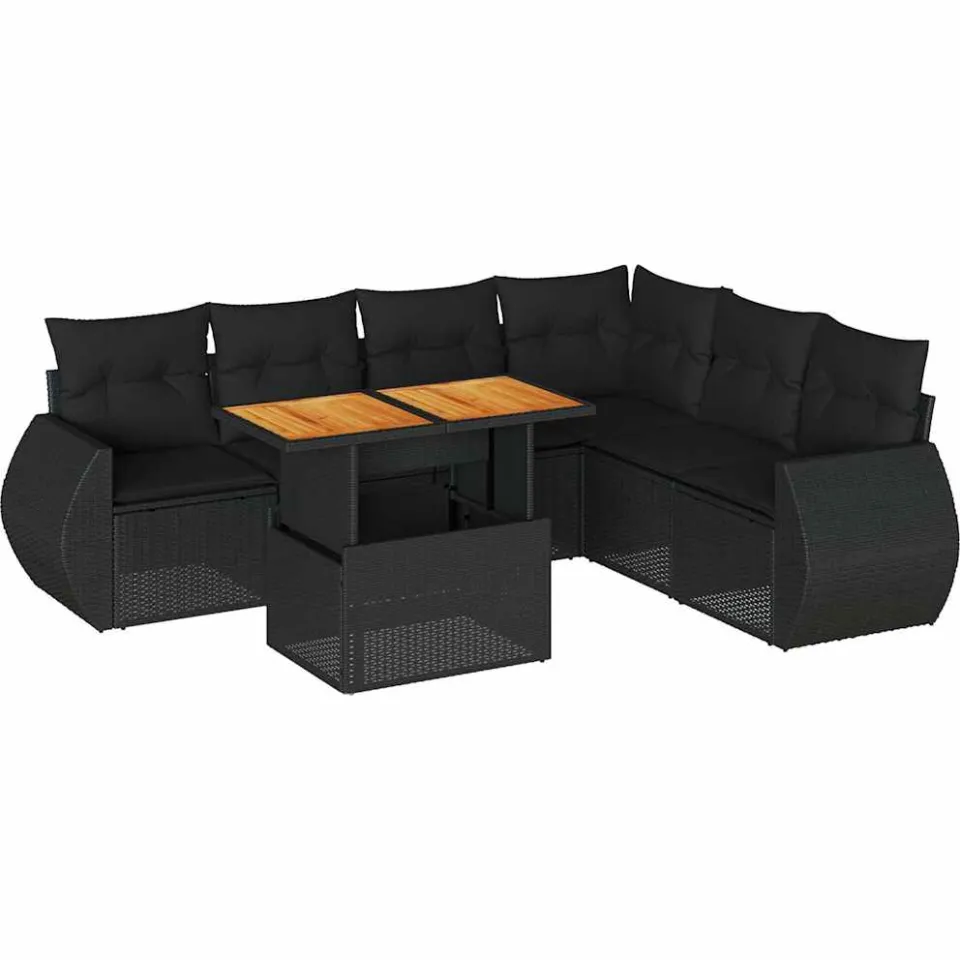 vidaXL 7-delige Loungeset met kussens poly rattan zwart, foto 3