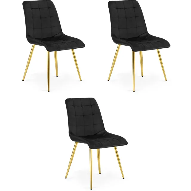 Oskar Set van 3 Eetkamerstoelen SPLIT – Zwart Velvet / Fluweel – Gestoffeerde Zitting – Goudkleurige Metalen Poten – Modern Design – Voor Eetkamer en Keuken