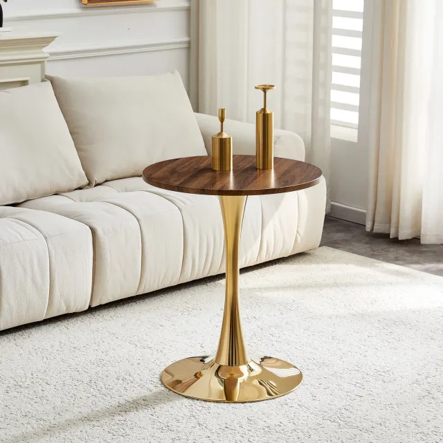 CHICFURN Bijzettafel - rond - vaste hoogte - zuilvoet - goud en walnoot