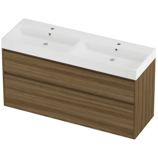 Proline Podium Badmeubelset Polystone Loft 2 Gaten 140x46x75 cm Mat White Caramel Walnut Houtlook