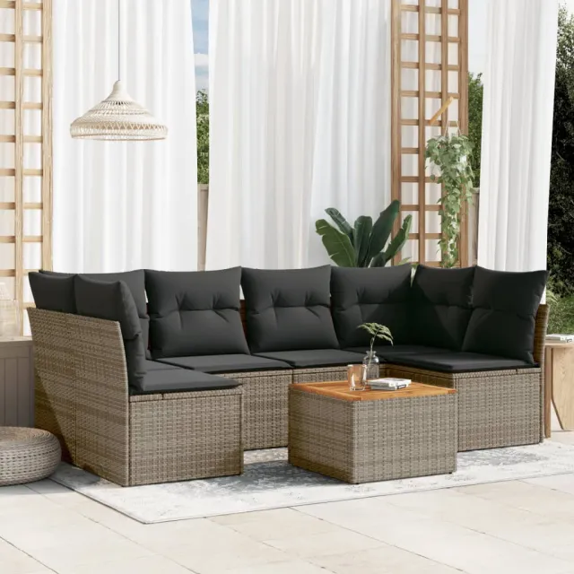 vidaXL 7-delige Loungeset met kussens poly rattan grijs, foto 2