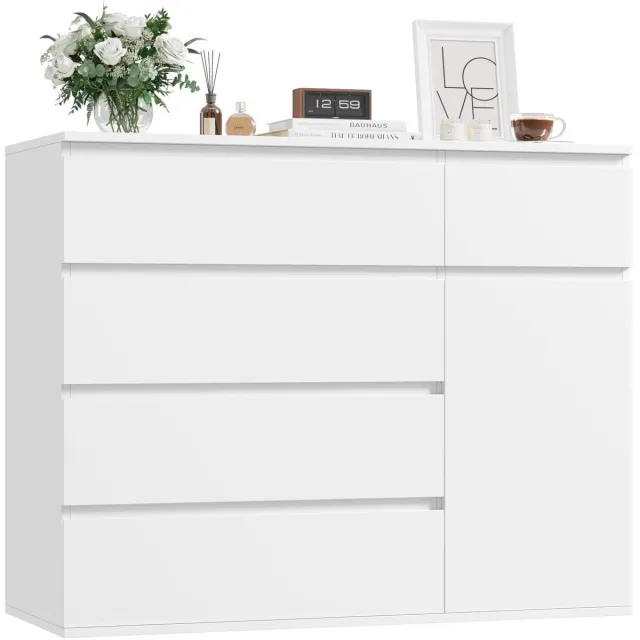 NordHaus Ladekast - Opbergkast Slaapkamer - Houten Dressoir - 5 Lades en Kastvak - Grote Opbergruimte 100x80x40 cm-Kleur Wit White