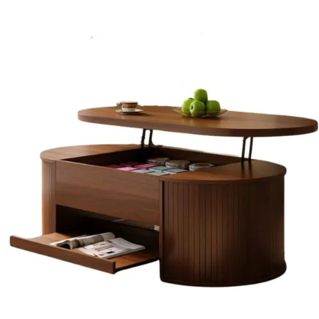 emvae Salontafel - Salontafel met Opbergruimte - Hoogte Verstelbare Tafel - Opklapbaar Blad - Uitschuifbare Plank - Walnootkleur - 110 × 55,5 × 40 cm