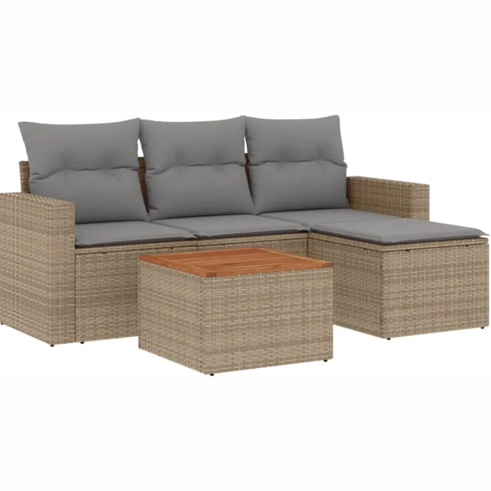 vidaXL 5-delige Loungeset met kussens poly rattan beige, foto 3