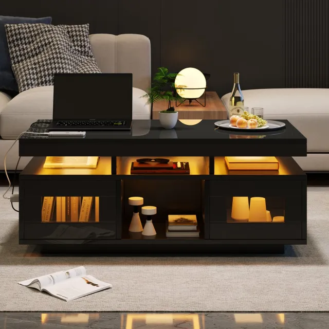 MEUNIQ Salontafel 100 x 50 x 43 cm met appgestuurde RGB-led, stopcontact, USB-aansluiting, 2 kasten en open vakken, zwart hoogglans woonkamer