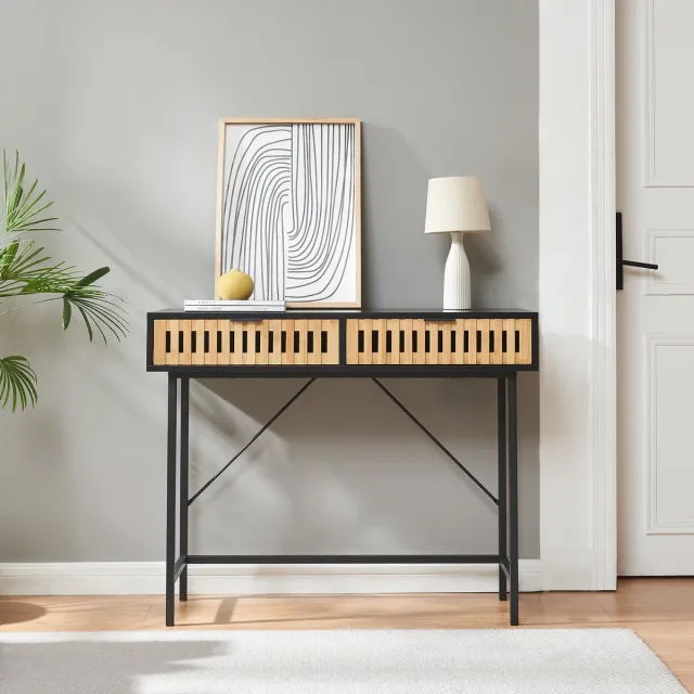 en.casa Consoletafel Luniehti met 2 lades zwart en naturel 100x40x75 cm [en.casa]