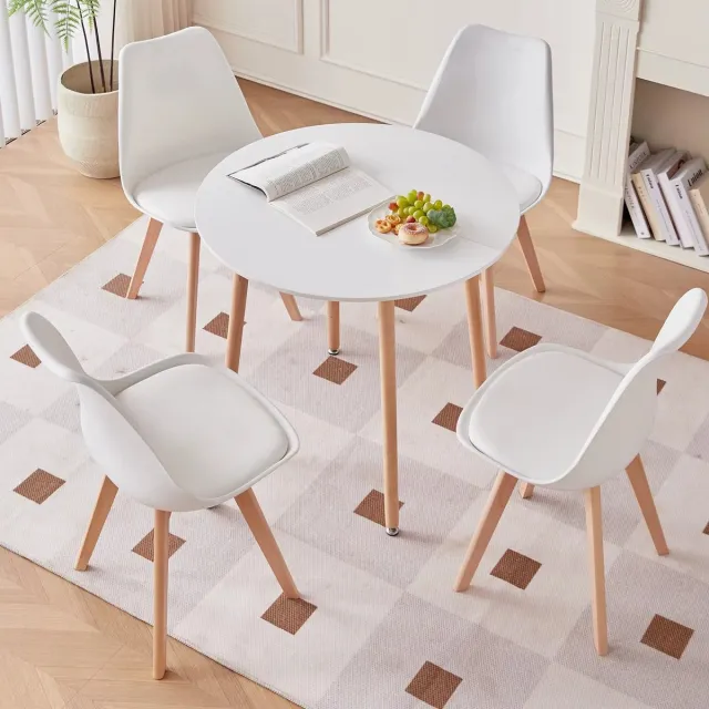Whoopr® Scandinavische Ronde Eettafel met Set van 4 Eetkamerstoelen – Gestoffeerde Stoelen met PU-Kussen – Tafel Voor Keuken, Eetkamer, Restaurant of Woonkamer - Wit