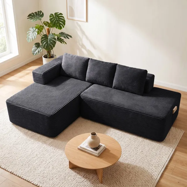 COMHOMA Hoekbank 228 cm - Corduroy L-vorm met Slaapfunctie - Zwart-R