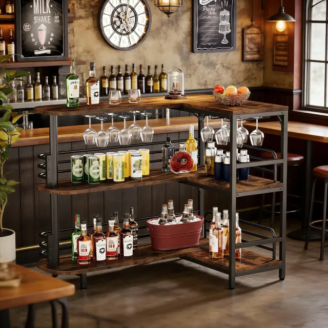 CHICFURN Bartafel - Open opbergruimte - L-vormig - Zwart en rustiek bruin