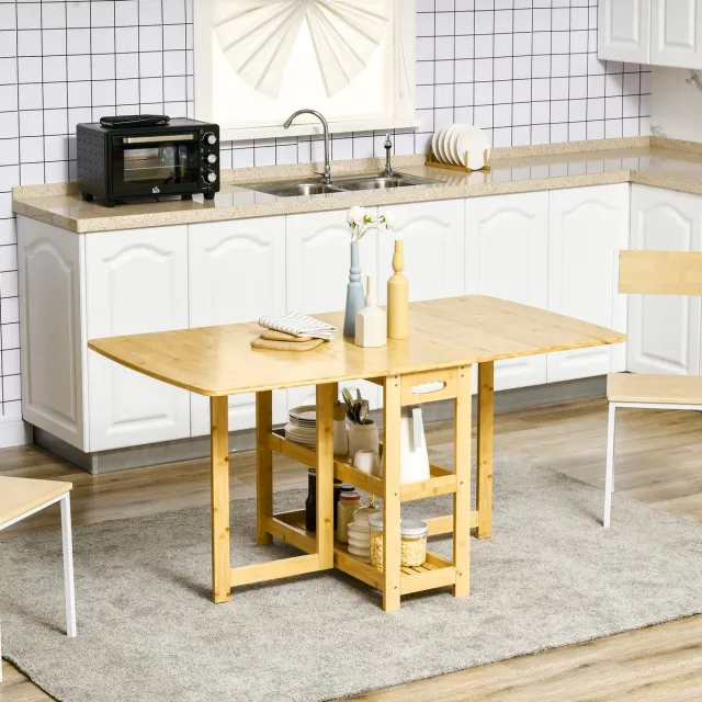 OKWISH Eettafel – Uitklapbaar Met Opbergrekken – Voor Keuken En Eetkamer – Bamboe Naturel – 149,5 x 80 x 73,5 cm – 6 Personen Natuurlijk hout