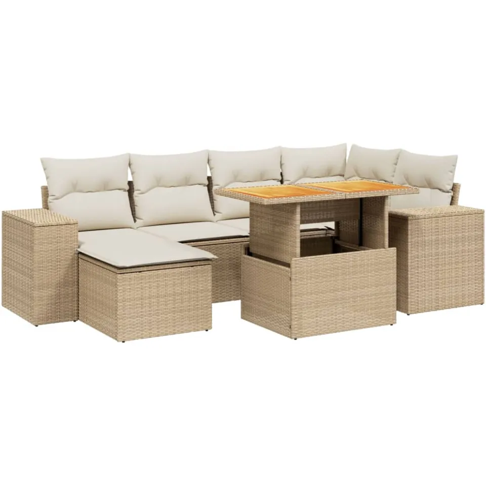 vidaXL 7-delige Loungeset met kussens poly rattan beige, foto 3