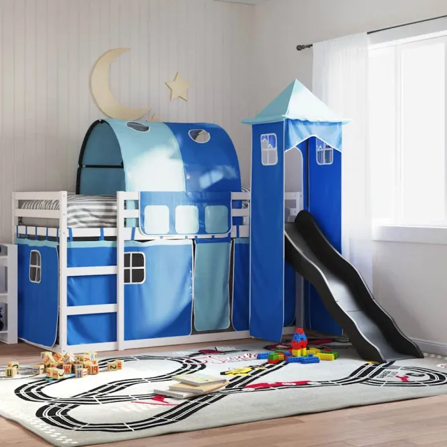 vidaXL Stapelbed met glijbaan en gordijnen blauw 90x200 cm