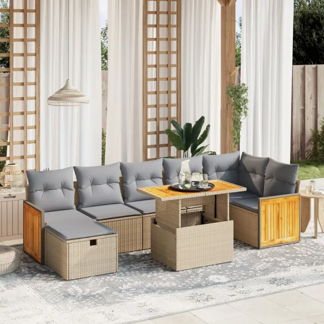vidaXL 8-delige Loungeset met kussens poly rattan beige, foto 2