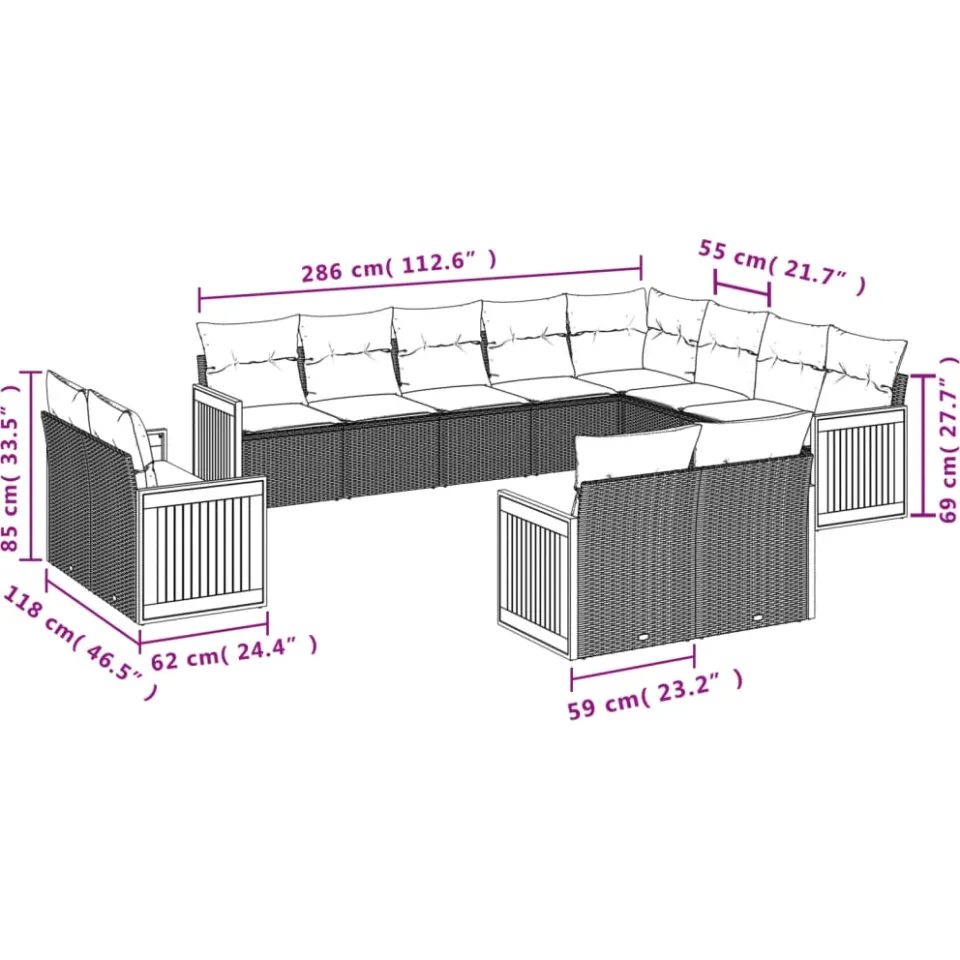 vidaXL 12-delige Loungeset met kussens poly rattan zwart, foto 2